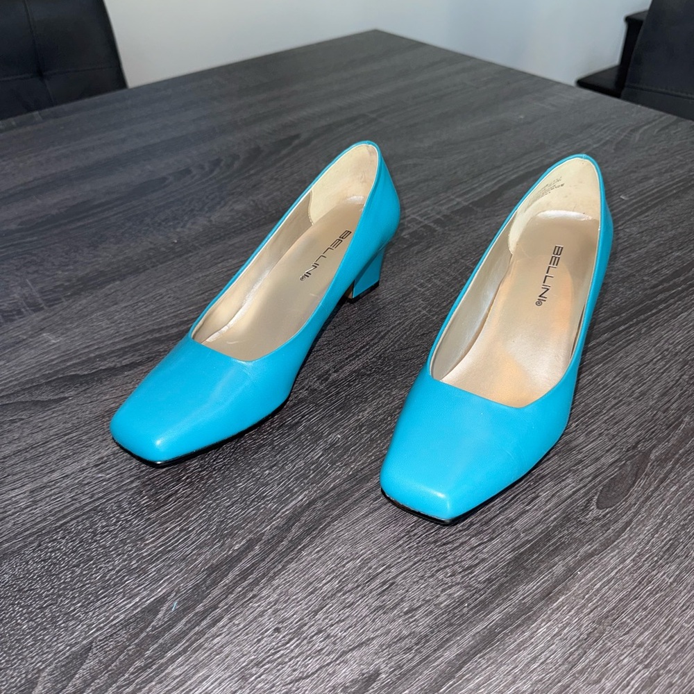 Bellini Turquoise Teal Leather Block Chunky Heels Retro Mule Size 8.5